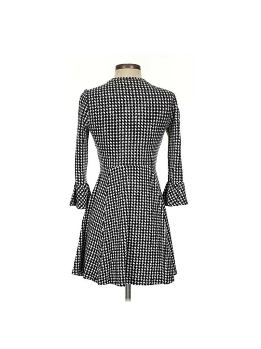 Kate Spade Dress Sz XS Black White Houndstooth Fit Flare Bell Sleeve Preppy Work